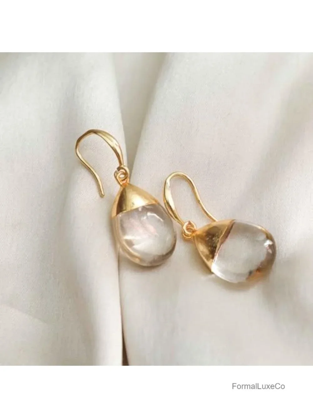 Clear Quartz Teardrop Dangle Earrings, Gold Electroplated, Handmade